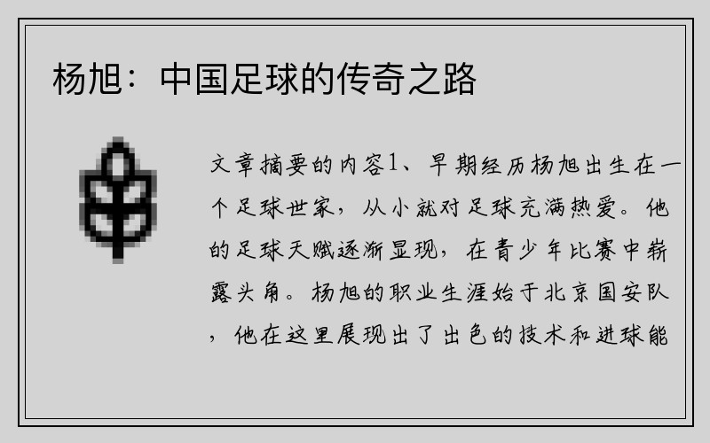 杨旭：中国足球的传奇之路