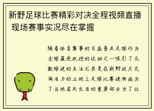 新野足球比赛精彩对决全程视频直播 现场赛事实况尽在掌握